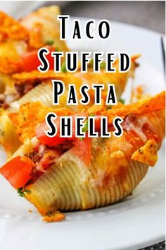 taco stuffed pasta shells on a white plate with the title overlay reads, taco stuffed pasta shells