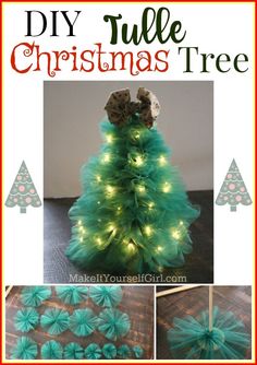 a christmas tree made out of tulle with lights and bows on the top is shown