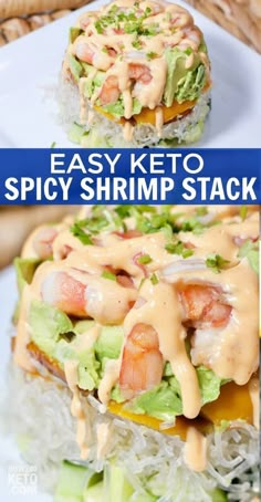 easy keto spicy shrimp stack with rice and lettuce