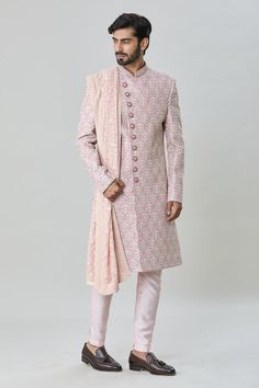 Pink sherwani with all over floral butti embroidery. Paired with churidar and embroidered stole. - Aza Fashions Festive Fitted Anarkali Set With Naqshi Detailing, Traditional Pink Sherwani With Dupatta, Fitted Kurta With Dupatta For Traditional Ceremonies, Festive Fitted Anarkali Set With Naqshi, Traditional Pink Bandhgala With Dupatta, Designer Pink Sherwani For Festive Season, Pink Sherwani With Intricate Embroidery, Transitional Pink Sherwani With Dupatta, Designer Fitted Pink Sherwani