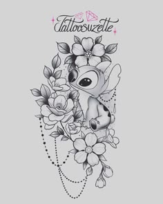 a tattoo design with flowers and a deer on the back of it's head