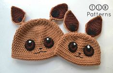 a crocheted hat with ears and eyes