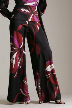 Floral Hammered Woven Satin Trouser Red Silk Bottoms For Evening, Red Silk Evening Bottoms, Chic Red Silk Bottoms, Red Silk Party Bottoms, Red Satin Bottoms, Silk High-waisted Wide Leg Pants For Party, Elegant Red Satin Bottoms, Silk Wide-leg Pants For Party, Silk Wide Leg Pants For Night Out