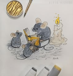 a drawing of two mice in a sleigh with a candle on the side