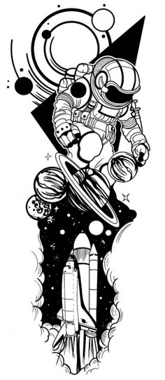 an ink drawing of a spaceman riding a rocket ship