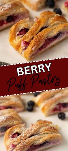 Collage of berry puff pastry slices at top and bottom. Puff Pastry Recipes Dessert Raspberry, Puff Pastry And Strawberries, Strawberry Raspberry Dessert, Strawberry Puff Pastry Recipes, Breakfast Puff Pastry Recipes, Fruit Puff Pastry, Braided Puff Pastry, Berry Pastry, Puff Pastry Breakfast