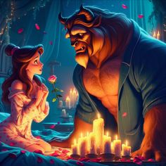 the beast and princess look at each other as they sit in bed with candles lit