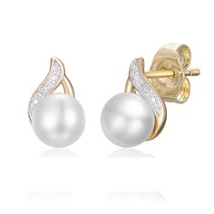 These freshwater cultured pearl earrings with diamond accents draw attention with their dainty beauty and shimmer. Crafted in 10K yellow gold, these earrings feature two exquisite round white freshwater cultured pearls and two dazzling round single cut diamonds with brilliant sparkle. | Freshwater Cultured Pearl Earrings with Diamond Accents | 10K Yellow Gold | Size 9.70 mm | Helzberg Diamonds Pearl Earrings Diamond, Helzberg Diamonds, Pearl And Diamond Earrings, Freshwater Cultured Pearls, Gold Pearl, Earring Backs, Cultured Pearls, Beautiful Jewelry, Wedding Jewelry