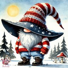 a painting of a gnome with an american flag hat