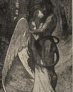 an angel hugging a demon in the woods