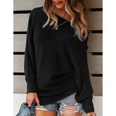 Black Solid Color Sloping Shoulder Sweater Oversized Black Sweater For Spring, Spring Oversized Black Sweater, Casual Black Solid Color Sweater, Black Casual Sweater, Black Sweater For Spring, Black Spring Sweater, Casual Black Sweater, Black Long Sleeve Solid Sweater, Black Solid Color