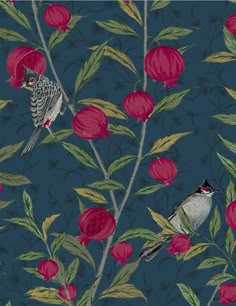 two birds are sitting on the branches of a flowery plant with red flowers and green leaves