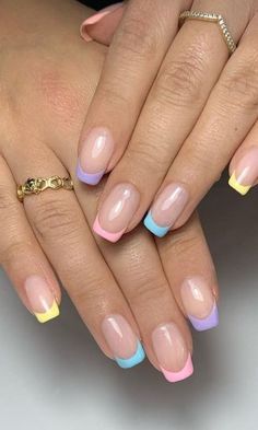 Classy Gel Nails, Slay Nails, Rainbow French, Gel Nails French, French Manicure Nails, Summery Nails, French Tip Acrylic Nails