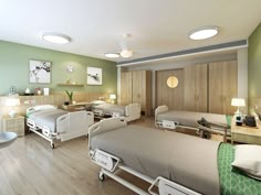 a hospital room with three beds and two lamps on either side of the bed,