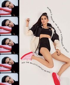 a woman laying on top of a white wall next to pictures of her legs and head