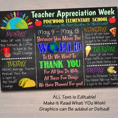 EDITABLE World Theme Teacher Appreciation Week Itinerary Poster Digital Week Schedule Events, INSTANT DOWNLOAD pto pta Fundraiser Printables Charity Work Ideas, Parent Newsletter, Pta Fundraising, Staff Appreciation Week, Week Schedule, Fundraising Tips, Thrifty Thursday, Invitation Text, Staff Appreciation