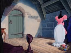 an animated scene of a room with a door and table in the corner, next to a fireplace