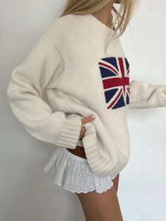 White Uk Flag Knit Sweater – Free From Label Loose Crochet Top, Classic British Style, Winter Outfits Christmas, Y2k Pattern, British Culture, Sweater Y2k, Jack Flag, Vintage Flag, Union Jack Flag