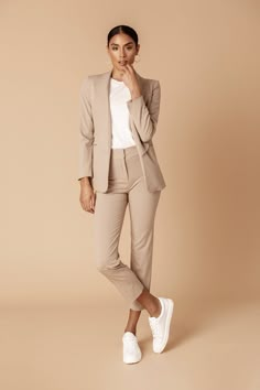 Longer hemline than our Classic Blazer, looser fit, but with the right amount of tailoring, our Boyfriend Blazer is the most versatile blazer . Pair it with jeans, shorts, a dress, yoga pants, our Boyfriend Blazer will elevate any outfit. Roll up the cuffs or scrunch up the sleeves and show off the slit design detail. The words Unstoppable & Fierce line the inside of our blazers to remind you that you are Unstoppable & Fierce! split Unstoppable & Fierce custom ribbon on the inside Sl Womens Tailored Pants Outfit, Architect Women Outfit, Casual Blazers Women, Business Casual Sorority, Blazer Pants Outfits For Women, Dress Pants And Blazer Outfit, Tan Blazer Outfits Women Classy, Office Outfits With Tennis Shoes, Fierce Outfits For Women