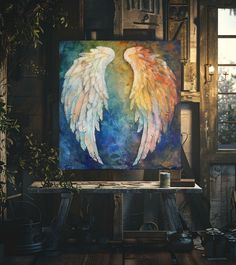 an art work with white wings painted on the canvas in front of a large window