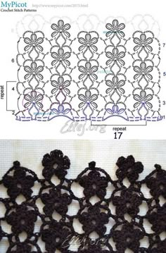 crocheted lace with flowers and leaves on the side is shown next to an image of