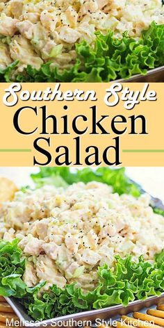 southern style chicken salad with lettuce and cheese on top is shown in two separate pans