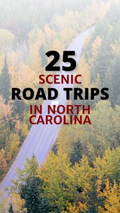 the road that is surrounded by trees with text reading 25 scenic road trips in north carolina