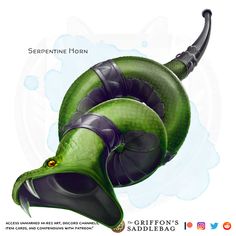 an advertisement for serpentine horn, featuring two green snakes with yellow eyes and large horns