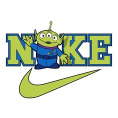 the nike logo with an alien on it's chest and arms, in front of a