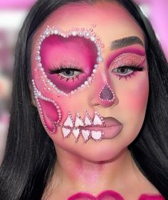 Pink Catrina Makeup, Pink Skull Makeup Halloween, Catrina Pink Dresses, Skull Makeup Colorful, Sugar Skull Makeup Tutorial, La Catrina Makeup Tutorial, Halloween Makeup Kits, Cute Clown Makeup, Exotic Makeup