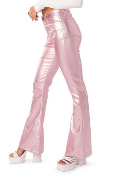 These flare-leg faux-leather pants give you a fierce edge and boost of confidence when you need it most. 45% polyester, 45% rayon, 10% spandex Hand wash, dry flat Imported Spring Flare Leather Pants, Trendy Shiny Leather Pants For Party, Trendy Flare Faux Leather Bottoms, Trendy Faux Leather Flare Bottoms, Trendy Flared Faux Leather Bottoms, Chic Pink Leather Pants, Trendy Fitted Pink Leather Pants, Trendy Wide Leg Leather Pants For Party, Chic Pink Faux Leather Bottoms