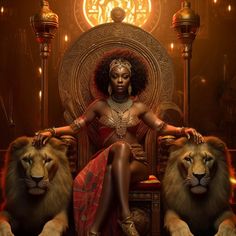 a woman sitting on top of a chair next to two lions