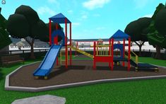 an animated rendering of a children's play area with swings, slides and climbing equipment