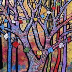 a painting with many different colored trees in the background and one tree has lots of tags attached to it