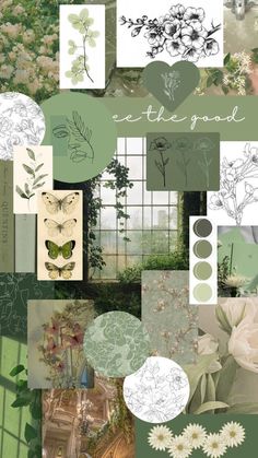 a collage with flowers, plants and butterflies