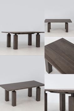 four different angles of the same table and bench, all in dark wood with white background