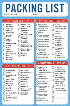 a blue and red packing list with the words,'packing list'on it