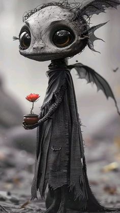 a creepy looking doll holding a flower in it's hand