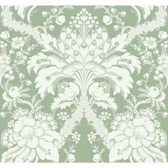 an ornate green and white wallpaper with flowers on the bottom, in front of a light green background