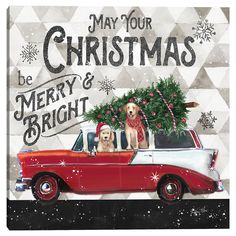 two dogs are sitting in the back of a red car with a christmas tree on top