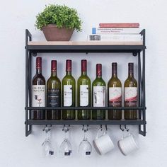 a shelf filled with bottles and glasses next to a potted plant on top of a wall