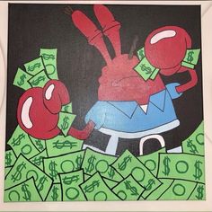 an image of a painting with money coming out of the back and on top of it