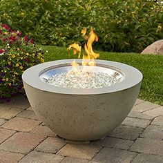 an outdoor fire pit sitting on top of a brick walkway next to flowers and bushes