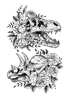 two skulls with flowers on their heads and one skull in the middle, both facing each other