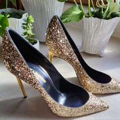 Saint Laurent Zoe Pump, Color: Champagne, Gold, Glitter Size: 37 Never Used Other Than To Try On. Tom Ford Heels, Black Satin Heels, Platform Pumps Heels, Pointy Pumps, Black Patent Heels, Ysl Heels, Glitter Pumps, Caged Heels, Bow Pumps