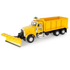 a yellow toy truck with a snow plow on the front and back wheels, against a white background