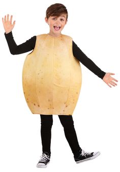 a young boy in a potato costume standing with his arms out and hands up to the side