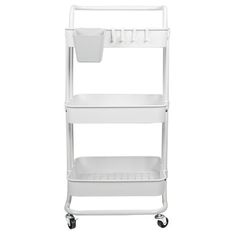 a white plastic utility cart with two shelves and a basket on the bottom shelf, in front of a white background