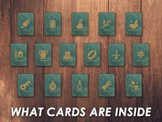 what cards are inside? on a wooden background with the words, what cards are inside