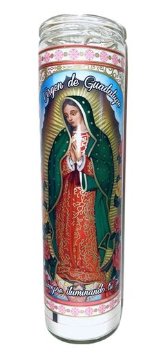 a candle with an image of the virgin mary in red, green and gold on it